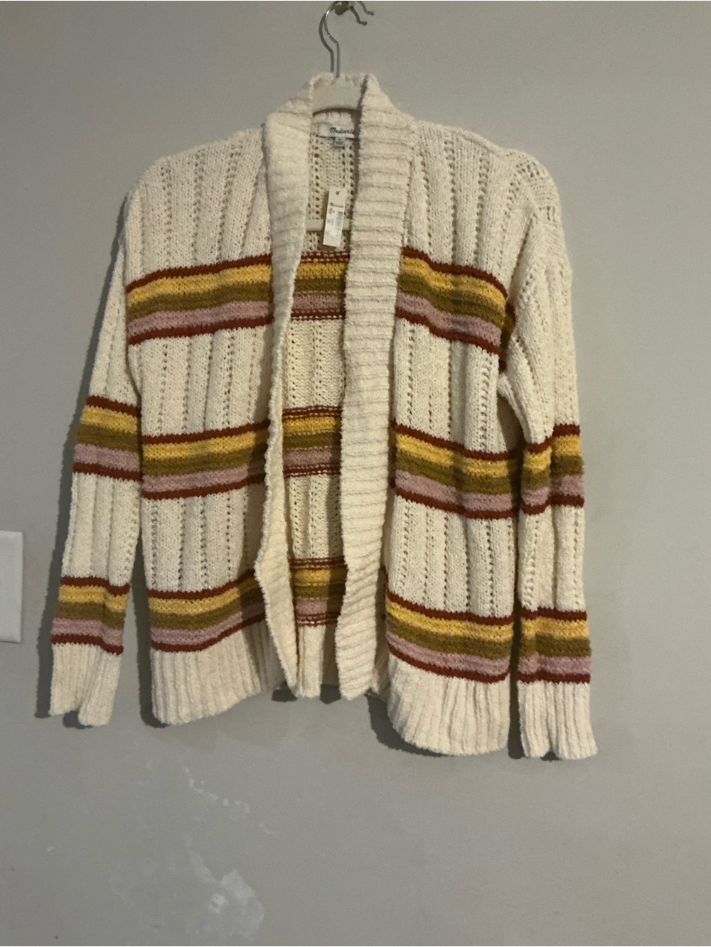 Madewell Cream Striped Teddy Cardigan with Mustard & Rust Accents